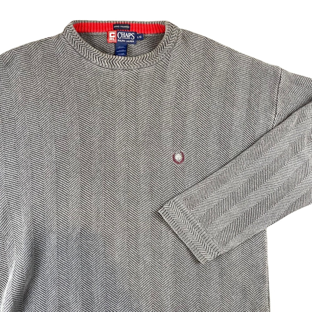 Vintage Chaps Ralph Lauren Sweater Mens L Gray Herringbone Cotton Y2K CRL